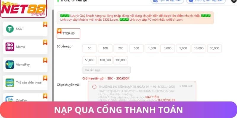 Hướng Dẫn Cách Nạp Tiền Net88 An Toàn và Nhanh Chóng Nạp qua cổng thanh toán trực tuyến